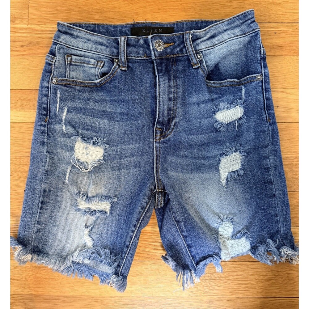 Risen Distressed Denim Shorts Frayed Hem High Rise Festival Small